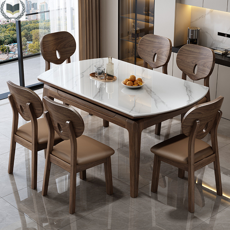 Simple Black Walnut Slate Solid Wood Dining Table for Home Small Apartment Retractable Stackable Variable Round Table Square and Round Table