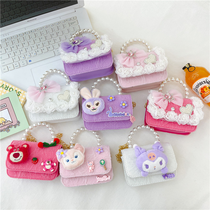 Nuevo en línea rojo perla portátil bolso de los niños lindo suave lindo dibujos animados moda mensajero bolsa niña estilo occidental bolso de hombro