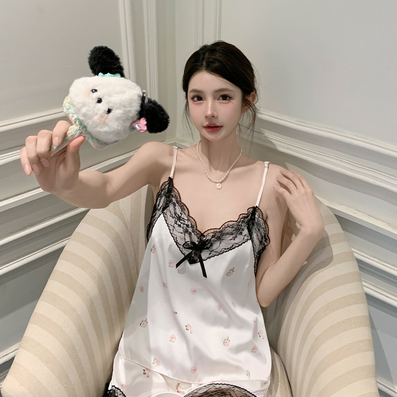 New Women's Printed Lace Sexy Pajamas Spring and Summer Sling Shorts Hollow Back Pajamas Nightgown Three-piece Suit