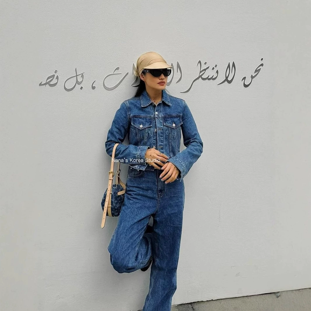 Новый 2024 год корейский сток denim утепленная куртка на плечах для женщин весна и осень