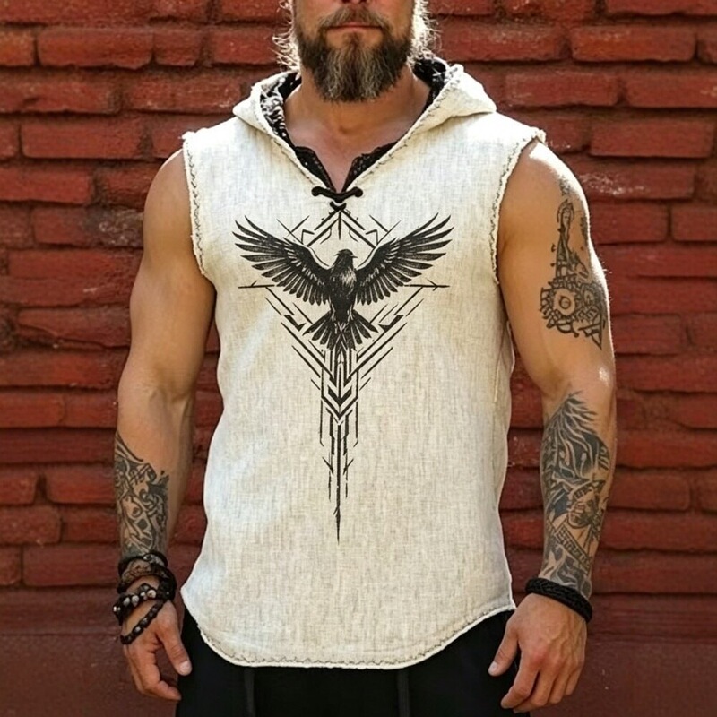 2026 Men's Linen Hooded Sleeveless Vest with Vintage Eagle Print, Loose Casual Trendy Top 2026 Men's Linen Hooded Sleeveless Vest with Vintage Eagle Print, Loose Casual Trendy Top