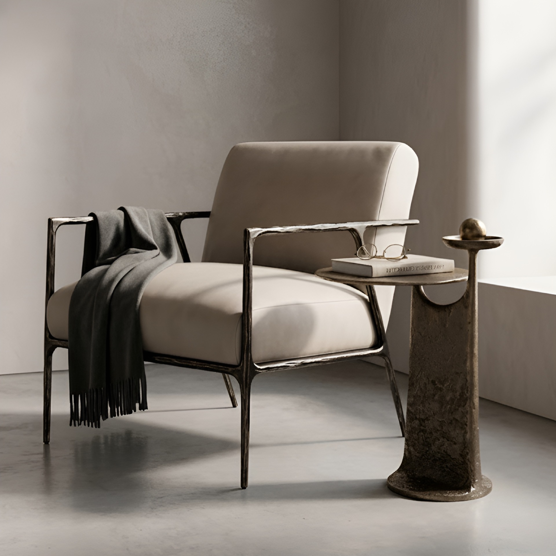 Italian-Style Minimalist Leather Single Sofa Chair, Designer Model with Metal Armrests, Light Luxury Living Room Lounge Chair