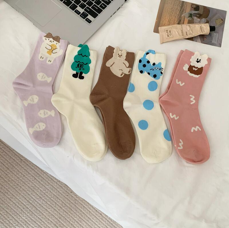 Three-dimensional cartoon cute socks women's mid-calf length socks spring and autumn ins popular Net red Korean style cat Japanese style polka dot stockings