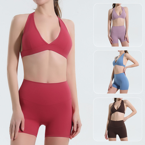 European and American halterneck sports bra for women, high-waisted tummy-tightening butt-lifting pants, summer quick-drying yoga clothes with chest pads, wholesale