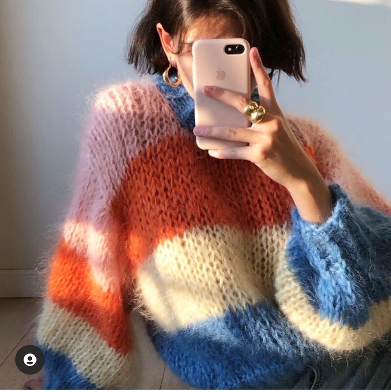 2023 spring new rainbow color loose casual pullover mohair sweater lazy striped contrast color sweater for women 2023 spring new rainbow color loose casual pullover mohair sweater lazy striped contrast color sweater for women