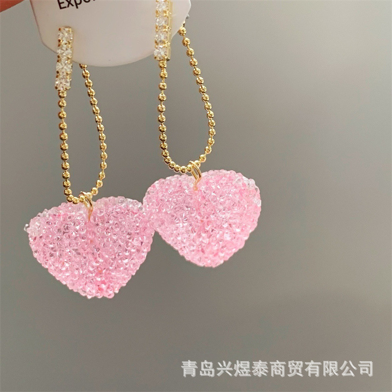 Pink Candy Love Mosquito Incense Plate Ear Clip Women's Ear Hole Peach Heart Earrings Tassel Pendant High-grade Tassel Earrings