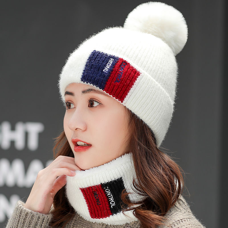 Knitted hat Plush Female models winter keep warm Wool cap Trend Collar Ear warmers Ride a bike Cold Hat