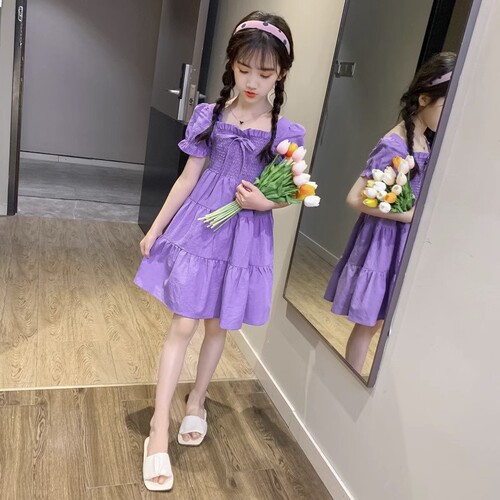 Girls' Summer Dress Children Spring and Autumn Style Big Kids Little Girls Stylish Short Sleeve Princess Dress