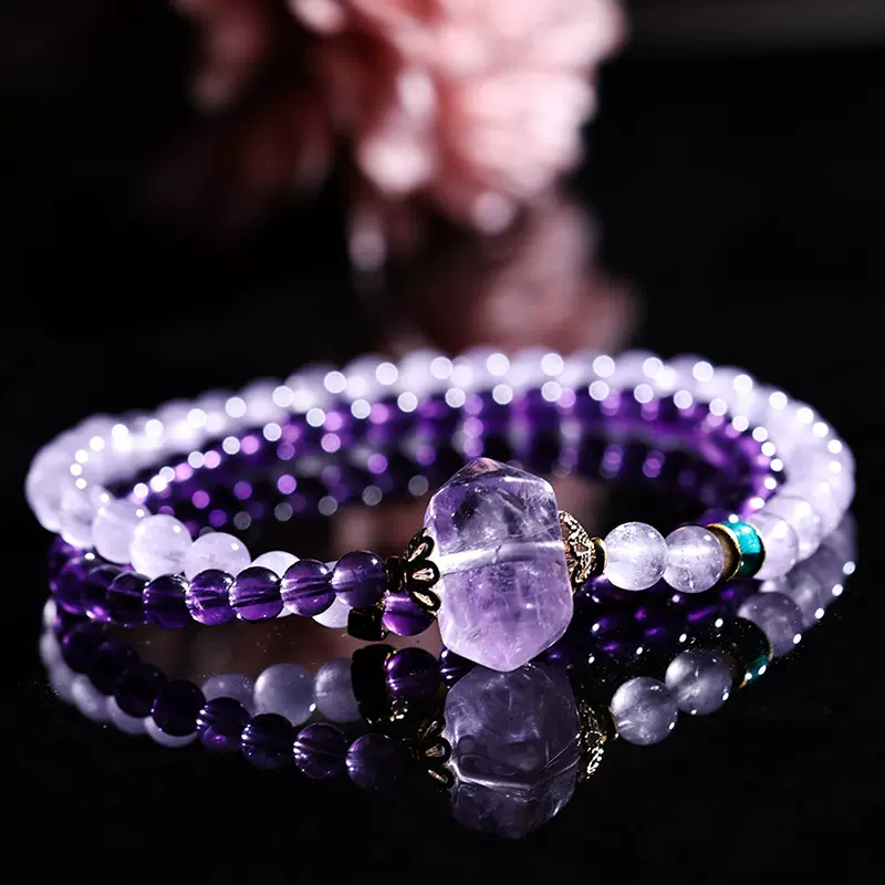 4mm收藏级紫水晶+薰衣草双层叠戴款手链智慧石女轻奢好运寓意礼物