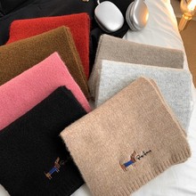 日系刺绣小狗米色针织围巾女冬季2025新款保暖百搭骑车羊绒围脖男