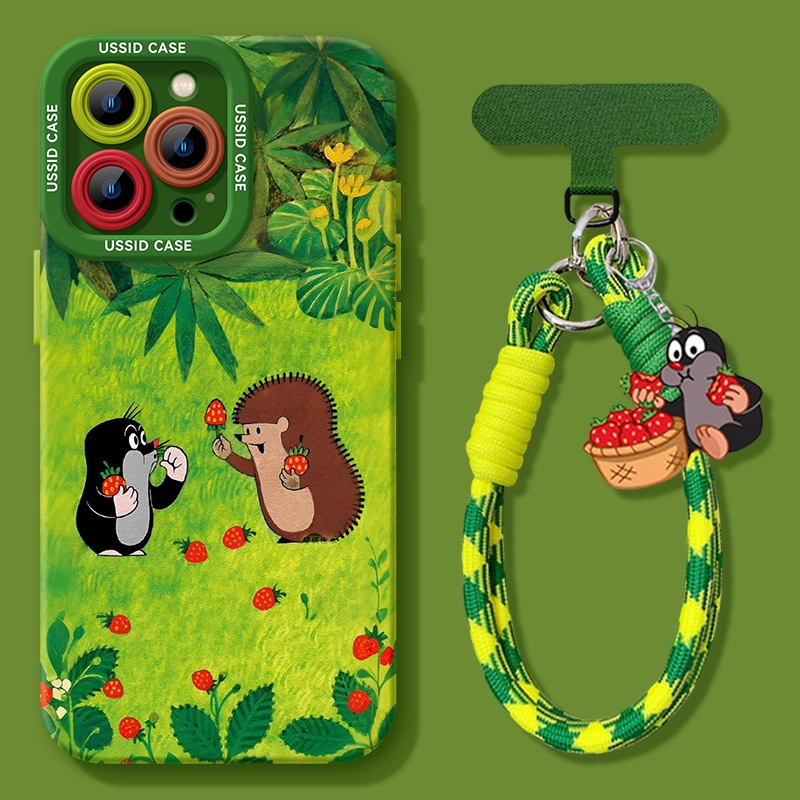 Cute Mole Apple 17 Phone Case New 16 iPhone 15 Pro Max Green 14 with Lanyard 13 Silicone Soft Case