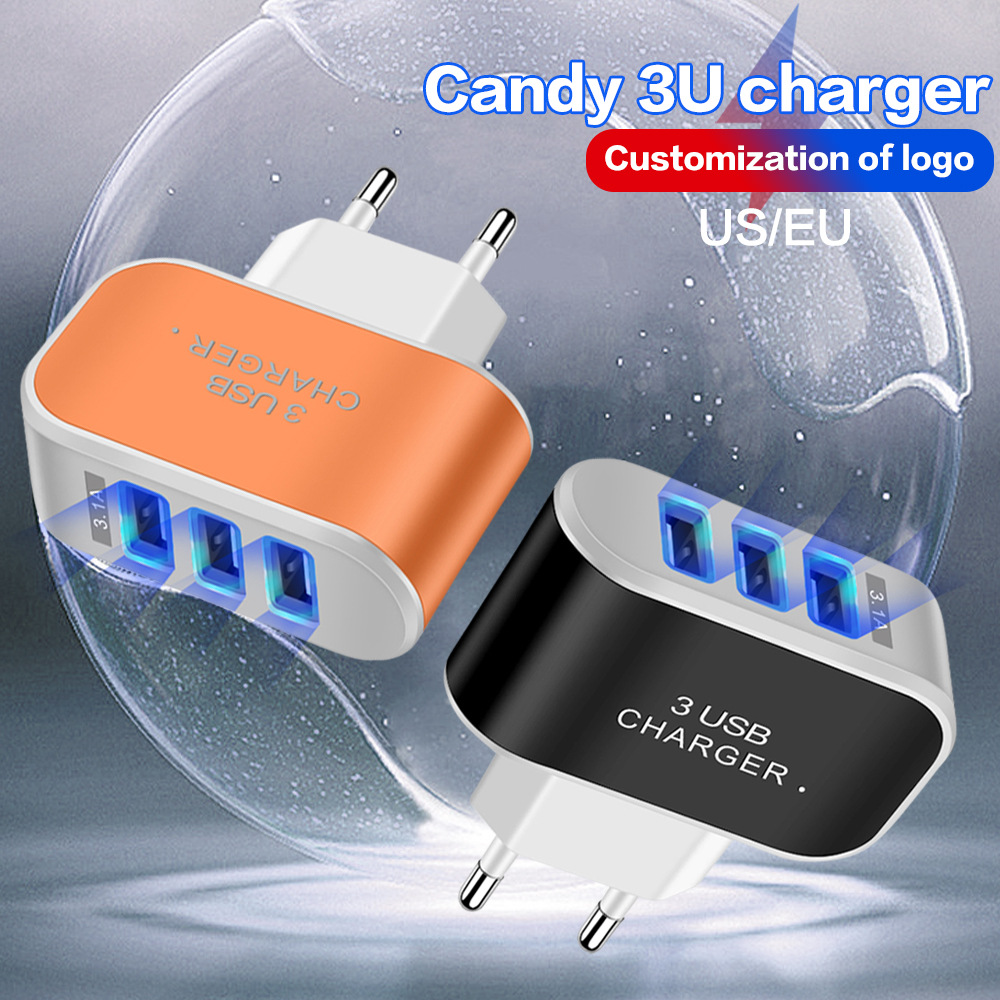 3USB Colorful Candy Charger European Standard American Standard Travel 3-port Luminous Mobile Phone Charging Head Cross-border Wholesale