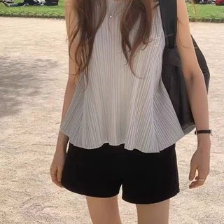 现货 韩国东大门ou*ce设计感百褶背心夏季纯色圆领显瘦无袖上衣女