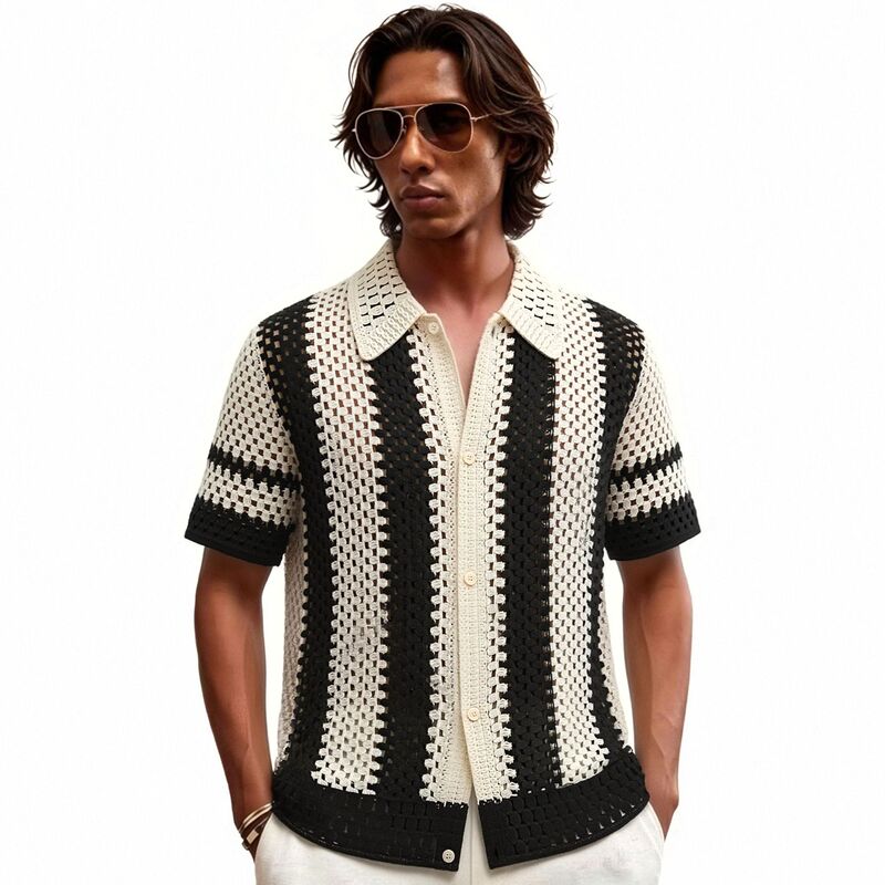 Cross-Border Men's Clothing Black and White Striped Contrasting Color Hollow-Out Knitwear Summer Casual Short-Sleeved Cardigan Polo Shirt for Men Sj0092