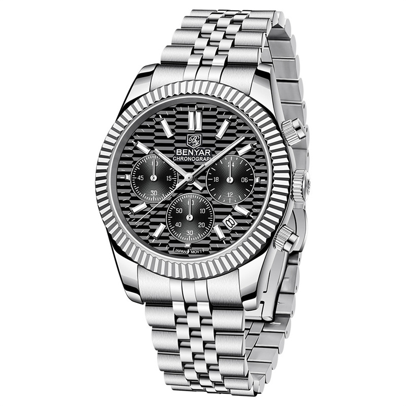 Binya benyar reloj de cuarzo de acero fino multifuncional para hombre de seis Pines de acero fino de moda luminoso impermeable calendario reloj de hombre S001