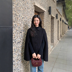 pusumede黑色全羊毛双面呢高级感毛呢外套女宽松气质披肩斗篷大衣