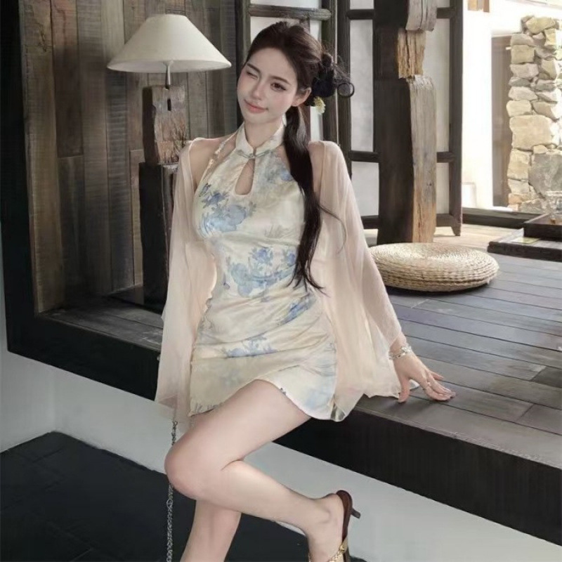 新中式清冷感印花无袖改良旗袍连衣裙女气质名媛复古超仙包臀短裙|undefined