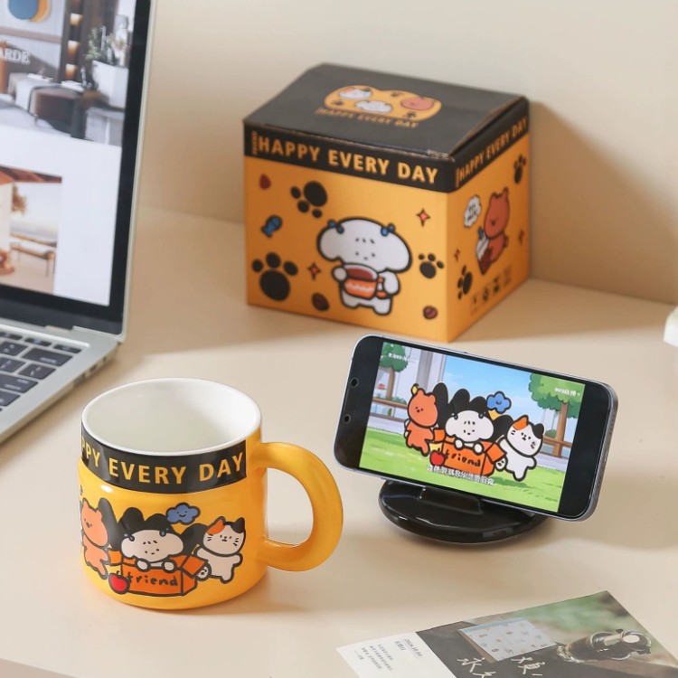 Graffiti de dibujos animados taza de cerámica con soporte de teléfono celular taza de desayuno de oficina de chicas taza de regalo de cumpleaños taza de agua