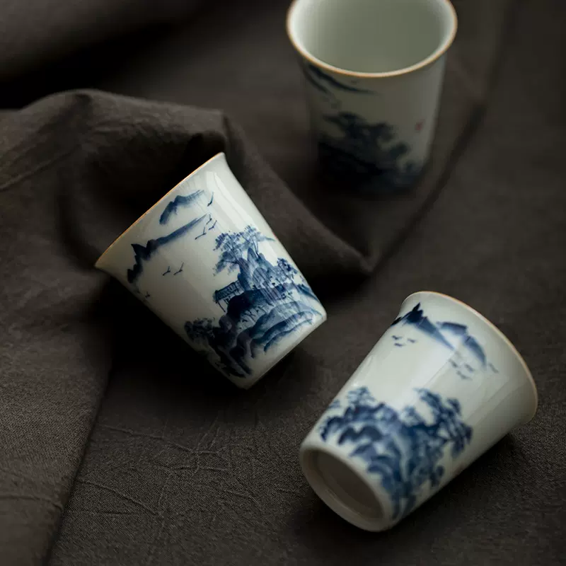 手绘釉下彩山水主人杯茶杯泡茶单杯闻香杯茶器功夫茶具家用品茗杯