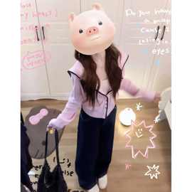 撞色边慵懒海军领针织开衫毛衣女秋季2024新款气质显瘦粉色短上衣