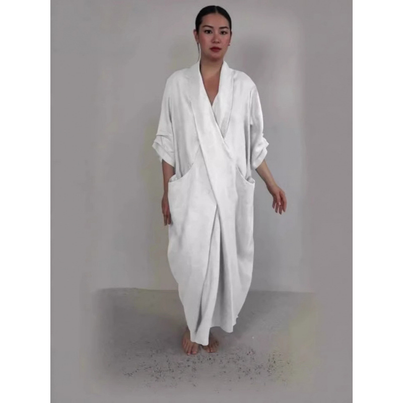 2026 In-Stock Amazon European and American Cross-Border Foreign Trade Women's Bathrobe Dress Solid Color Large Pocket V-Neck Slit Dress 2026 In-Stock Amazon European and American Cross-Border Foreign Trade Women's Bathrobe Dress Solid Color Large Pocket V-Neck Slit Dress