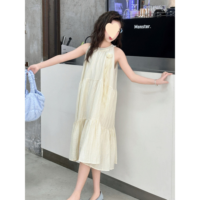 【店铺热销】女童2025夏季新款纯色连衣裙女孩赫本风洋气裙子女中