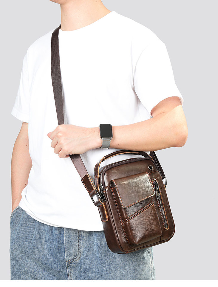 Túi đeo chéo nam da bò thật 17,5×5×21,5 cm kiểu mới đeo vai công sở — 7512 Đen vân vải, Cà phê, Cà phê đậm 7512, Màu nâu chi tiết 9