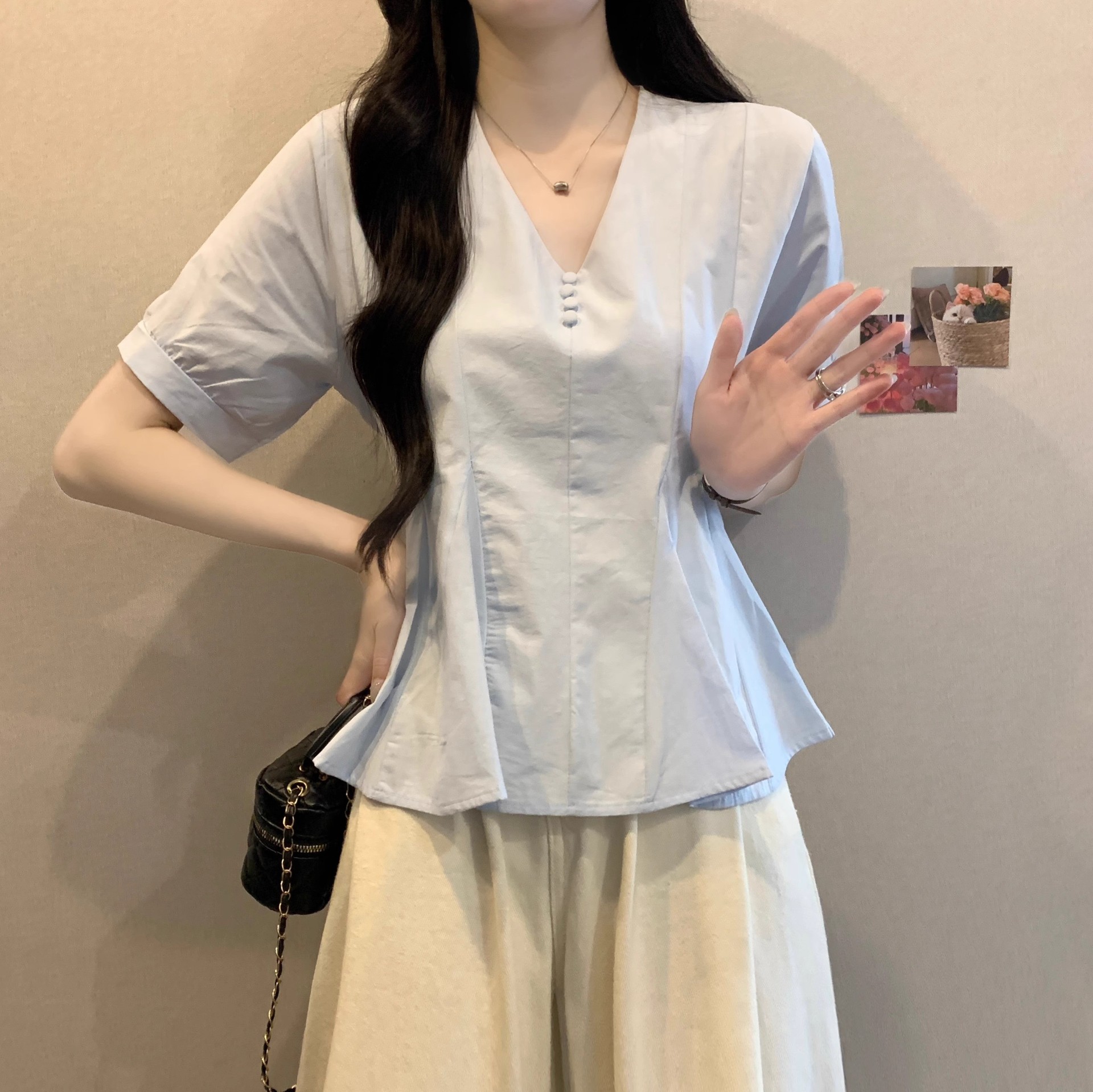 Áo sơ mi nữ cỡ lớn tay ngắn màu xanh lam dáng suông che khuyết điểm — Màu xanh lam chi tiết 8