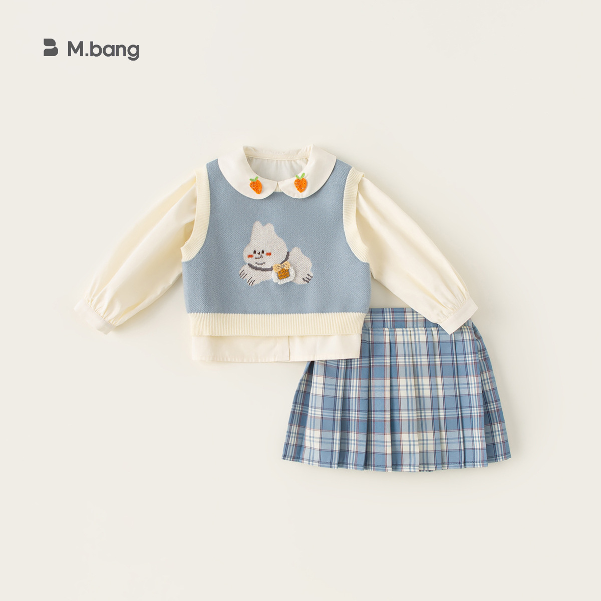 宥宝童装女童套装春季新款女宝针织马甲儿童衬衫格子百褶裙三件套