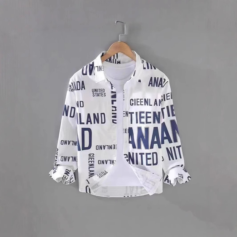 Spring and Autumn New Printed Long-sleeved Shirt Letter Men's Casual Thin Loose Clothes Shirt Jacket Duffy Handsome Trendy