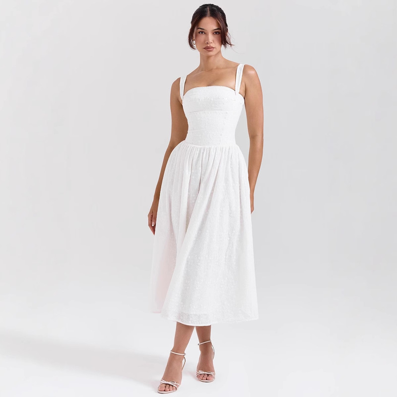 European and American Cross-border Sweet Age-reducing Embroidered White Slip Skirt Women's Pure Waist Slimming Vacation Long dress