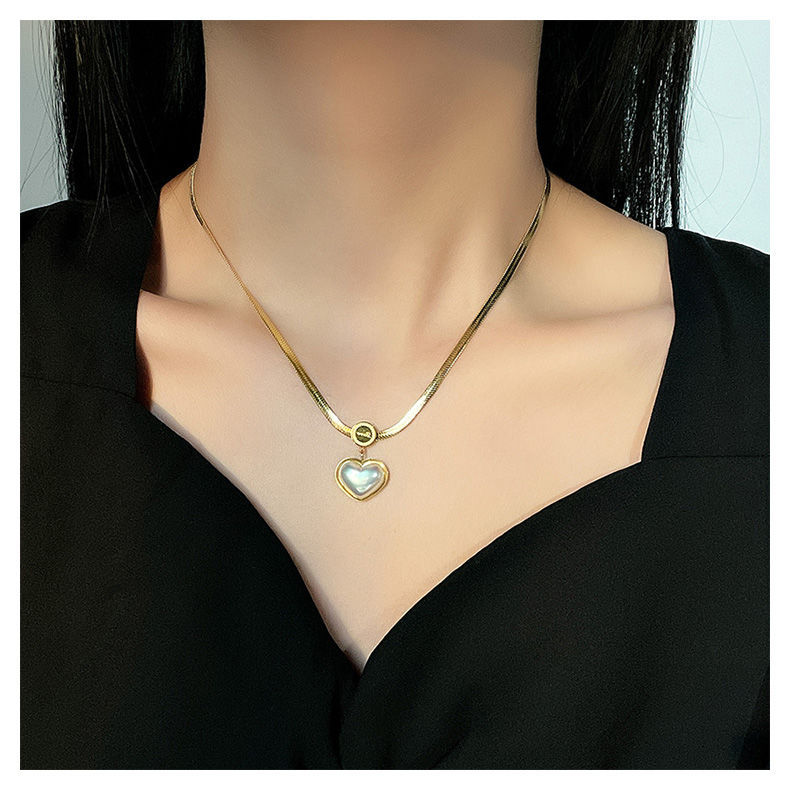 Fashion Heart Shape Titanium Steel Inlay Pearl Earrings Necklace