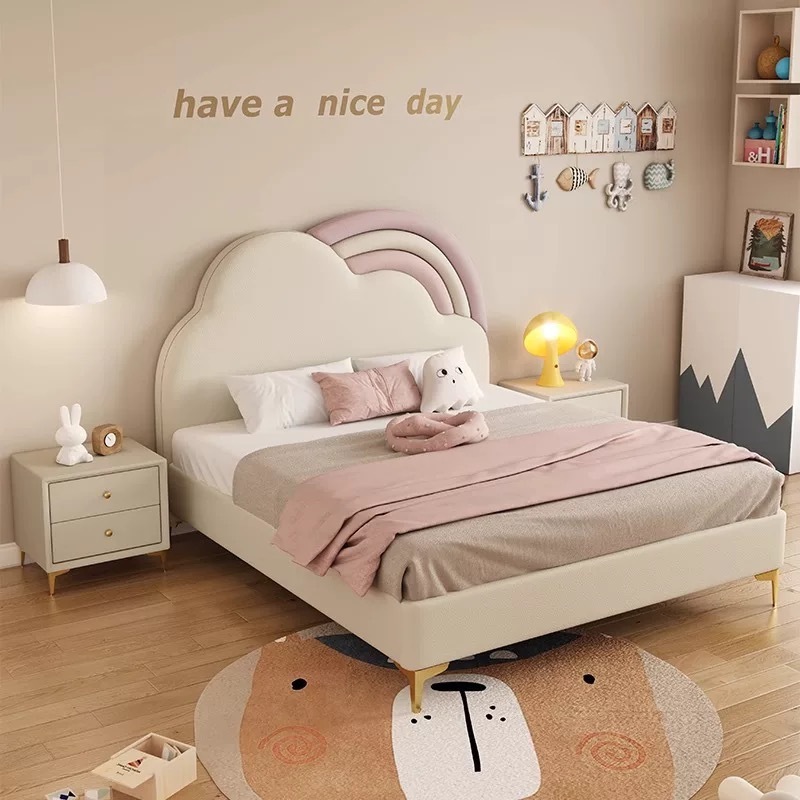 Children's Bed Cloud Rainbow Solid Wood Girl Princess Bed Modern Cream Style Small Apartment Boy Leather Bed 1.5m