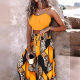 European and American women's clothing 2024 summer new AliExpress independent station commuter two-piece printed lace-up wide leg pants suit