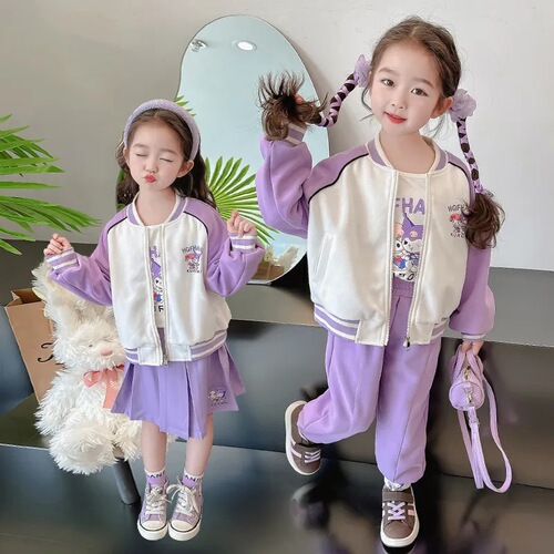 Three-piece set for girls, medium-sized children's autumn long-sleeved suit, children's style Korean style cartoon Kuromi baseball uniform