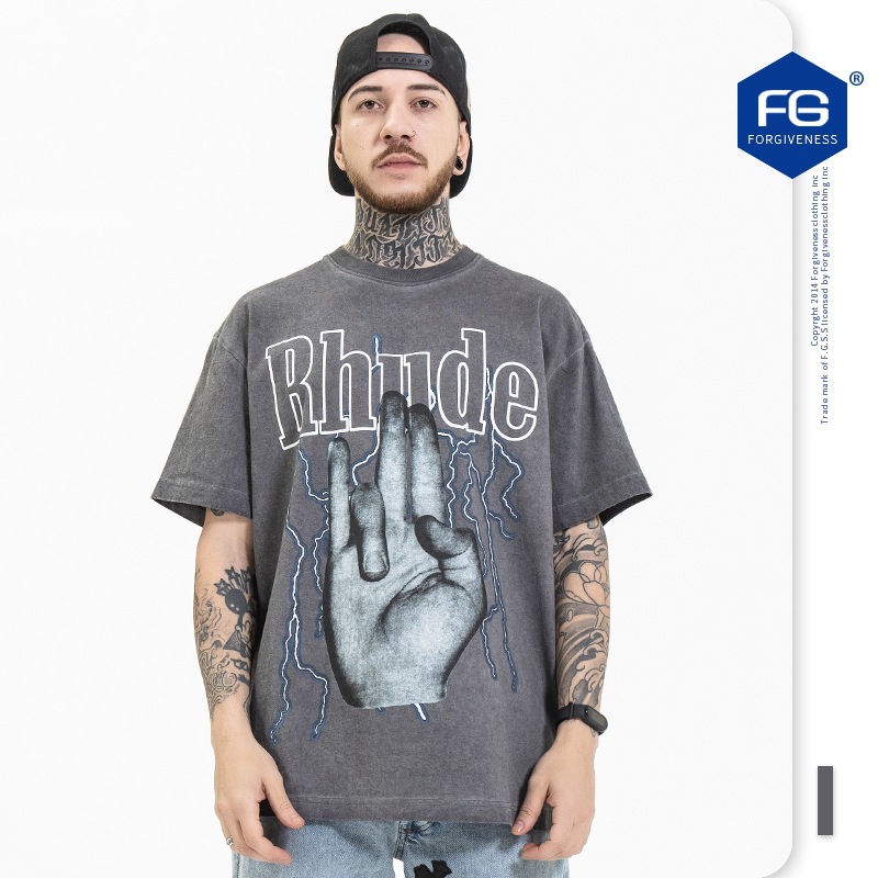 FG ropa de Hombre | Primavera y verano de gran tamaño de Europa y América marca de moda suelta personalidad Inglés Rock impresión manga corta Camiseta de los hombres