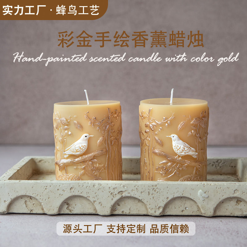 跨境热销彩金手绘柱形蜡烛造型香薰蜡烛装饰饰品花绘法式优雅高级|undefined