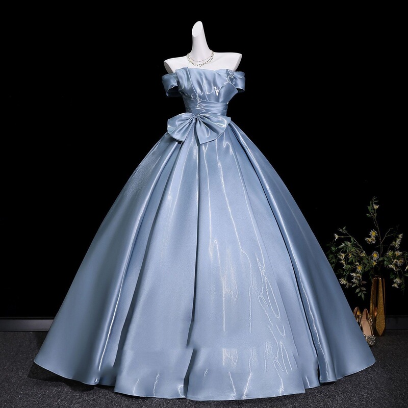 Satin strapless evening dress 2026 new model with bow and puffy skirt for banquet, vocal performance, and art exam, long dress for women Satin strapless evening dress 2026 new model with bow and puffy skirt for banquet, vocal performance, and art exam, long dress for women