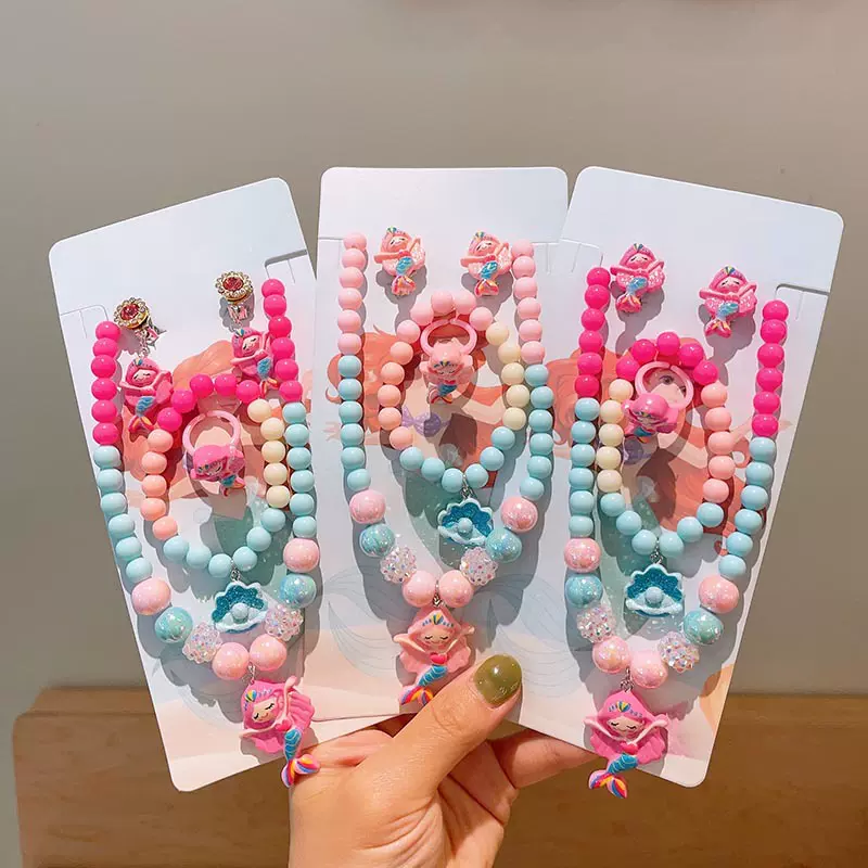 儿童美人鱼公主项链手链套装小女孩生日礼物宝宝耳环手工串珠饰品