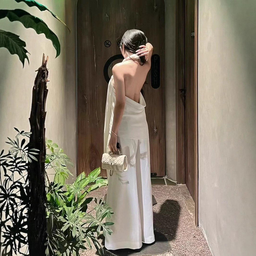 Minimalist and Luxurious Style 25Ss Twisted Rope Slant Collar Halterneck Backless Asymmetrical Waist Suspender High Waist Wide Leg Pants Long Suit