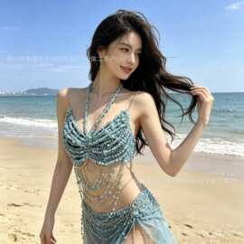 达悦旺时尚跨境水晶串珠流苏挂脖身体链外搭镂空胸衣辣妹上衣批发