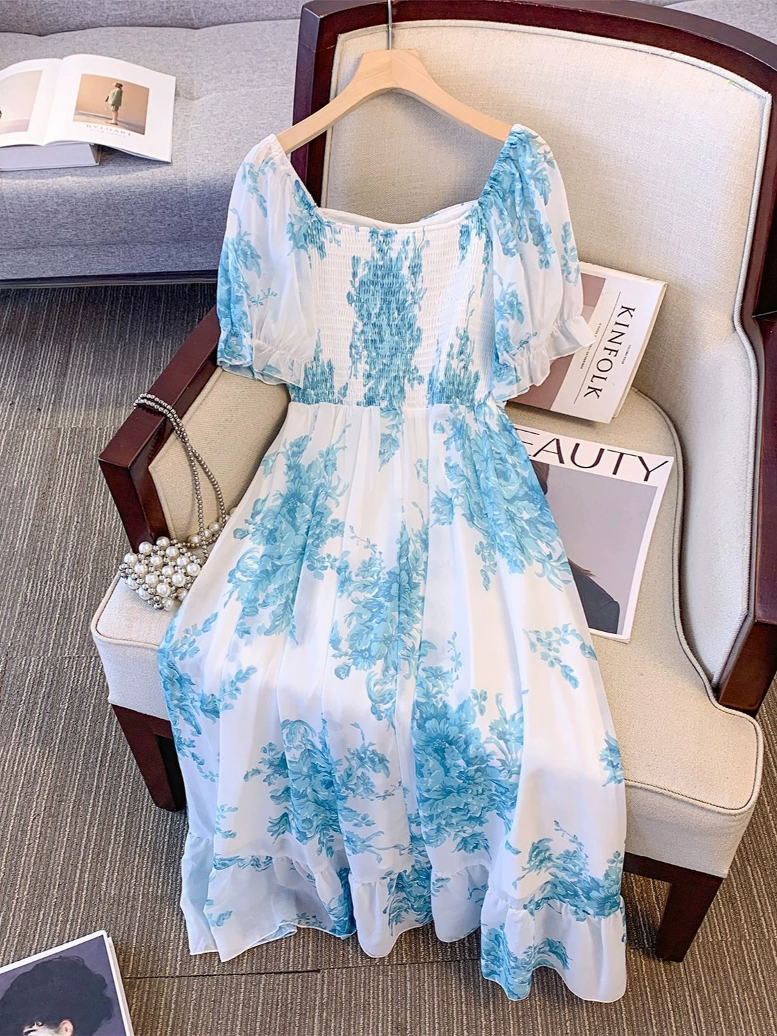 Dress Transformer chiffon, pullover lined, plus size 2XL–6XL, sky blue