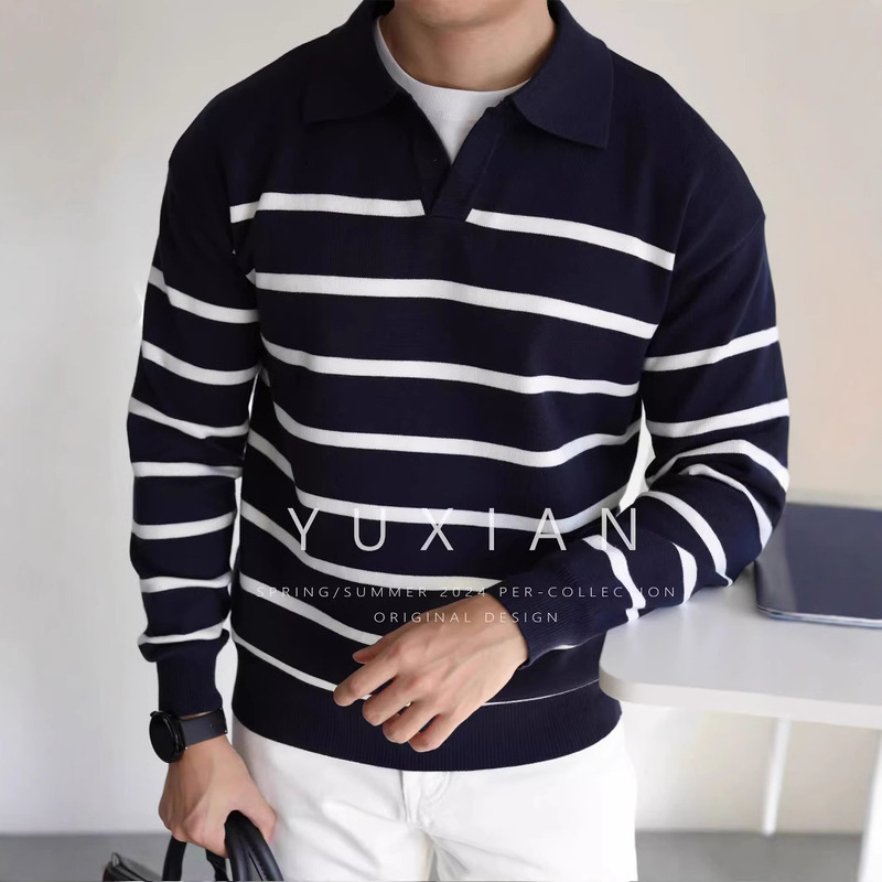 Design Sense V-neck Striped Sweater Men's Autumn and Winter Casual Long-sleeved Sweater Men's Slim-fit Lapel Sweater Trendy
