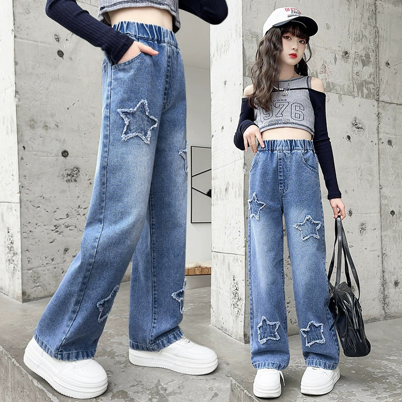 女の子のワークジーンズ春と秋の新しい工場子供服卸売中型および大型子供用ストレートレッグルーズワイドレッグ子供用ズボン|undefined