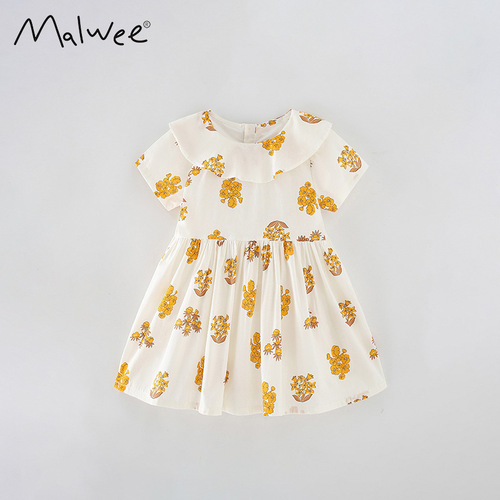 Malwee Children's Summer New Style Dress European and American Small and Medium Children Chic Round Neck Short Sleeve Girls' Dress 