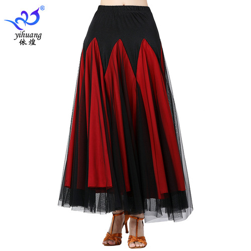 Red pink blue tulle Ballroom dance skirt for women girls modern waltz tango foxtrot smooth dance skirt stage performance large swing mesh long skirt