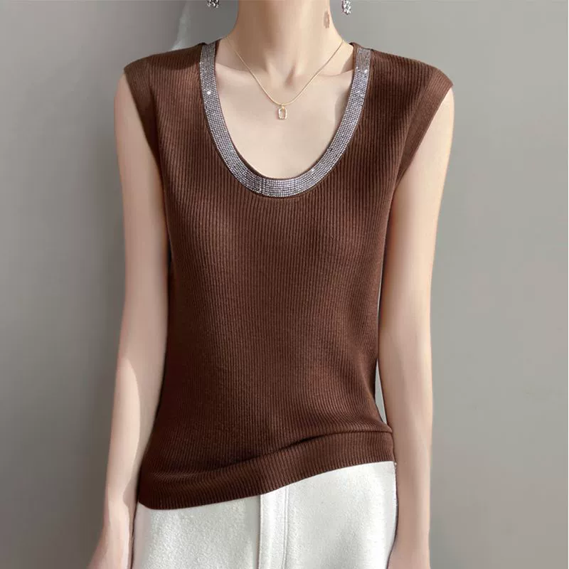 Вязаный тонкий женский летний костюм 2025 года с нижней частью, свободный утягивающий топ без рукавов с U-образным вырезом