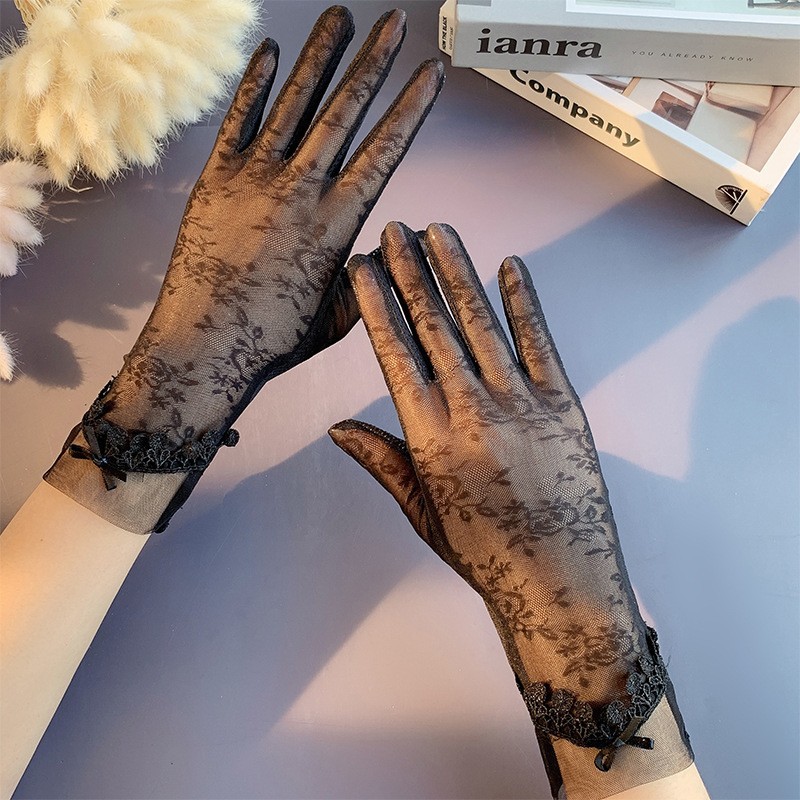 Guantes de protección solar primavera y verano encaje arco guantes de pantalla táctil de conducción de las mujeres transpirable al aire libre protección solar guantes de equitación
