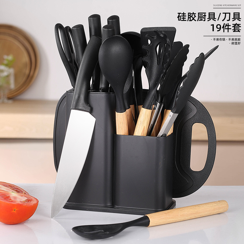 Mango de madera transfronterizo de silicona conjunto de utensilios de cocina combinación de cuchillos resistente a altas temperaturas cuchara antiadherente olla de almacenamiento barril doméstico conjunto de 19 piezas