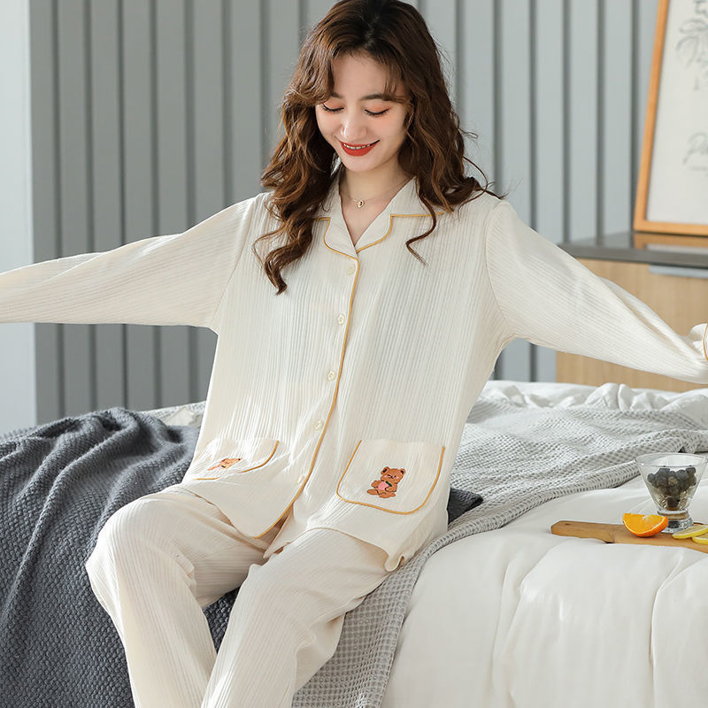 Pijamas traje de primavera/verano para mujer verano nuevo Algodón puro Primavera/otoño estudiante de algodón de manga larga estilo coreano ropa para el hogar suelta